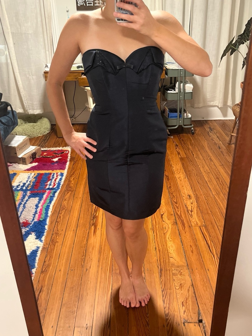 Stunning 100% silk navy designer cocktail dress with beaded detail